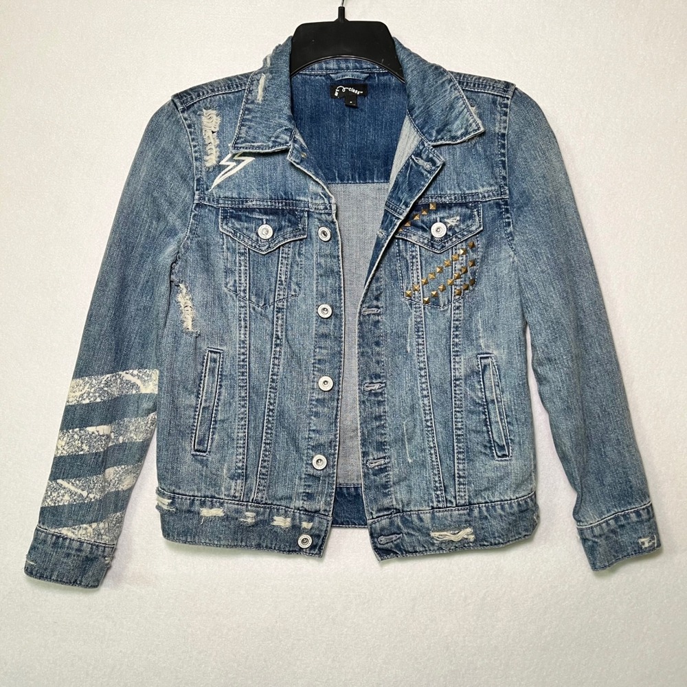 Art Class Kid's Blue Distressed Rockstar Punk Grunge Denim Jacket Stud Guitar M